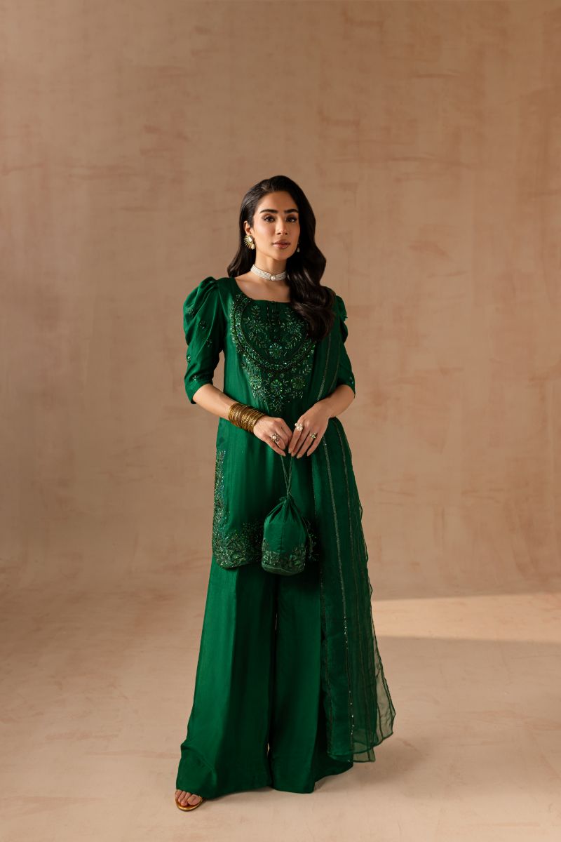 Maria Osama Khan - Emerald Green  - BOTTLE GREEN - RAWSILK & Organza - 3 Piece