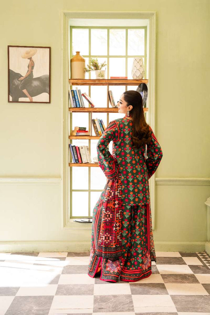 Maria Osama Khan - Georgette & Tissue Silk Bloom Suit For Women - bottle green - 3 Piece