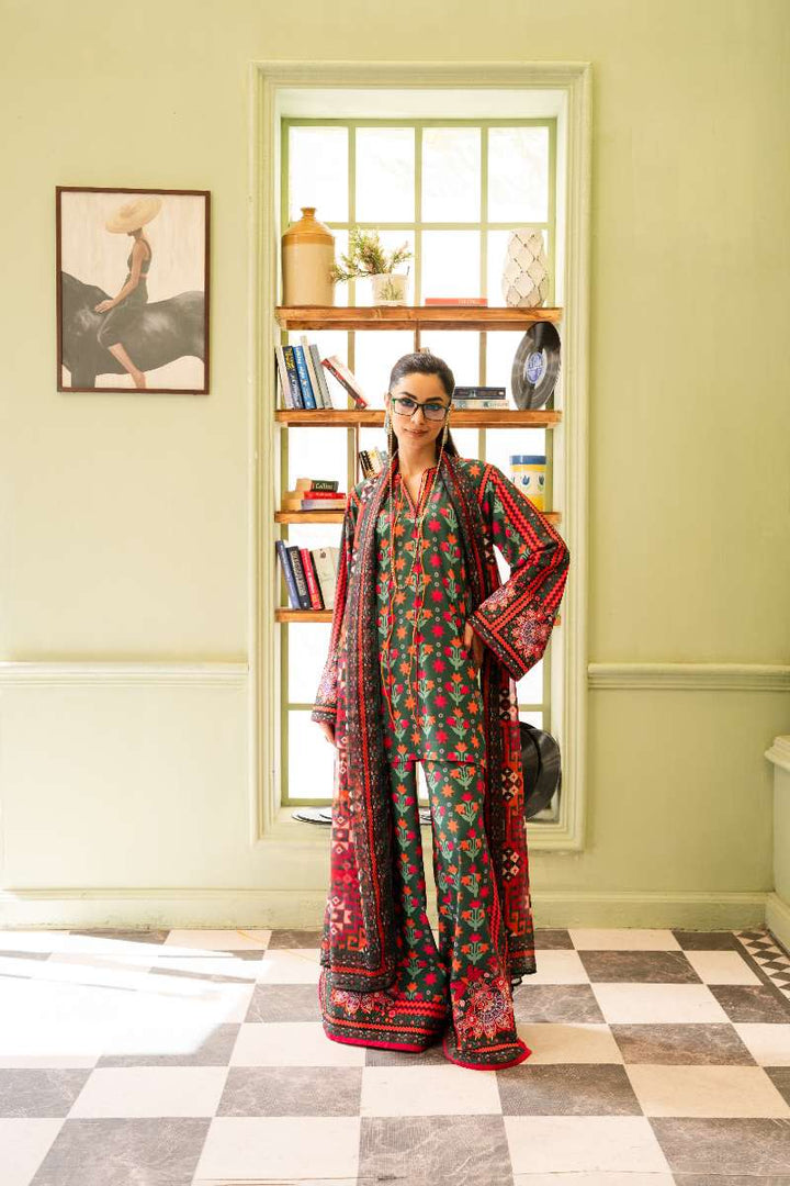 Maria Osama Khan - Georgette & Tissue Silk Bloom Suit For Women - bottle green - 3 Piece