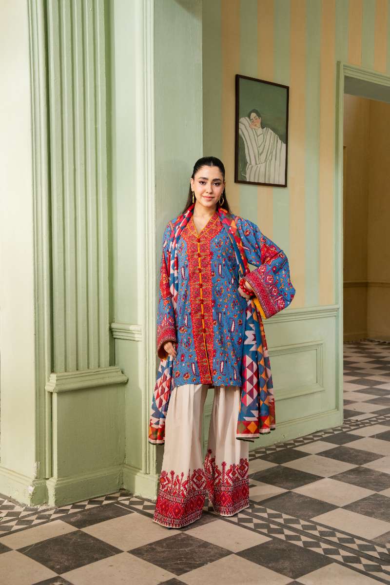 Maria Osama Khan - Georgette & Tissue Silk Celeste Suit For Women - Sapphire - 3 Piece