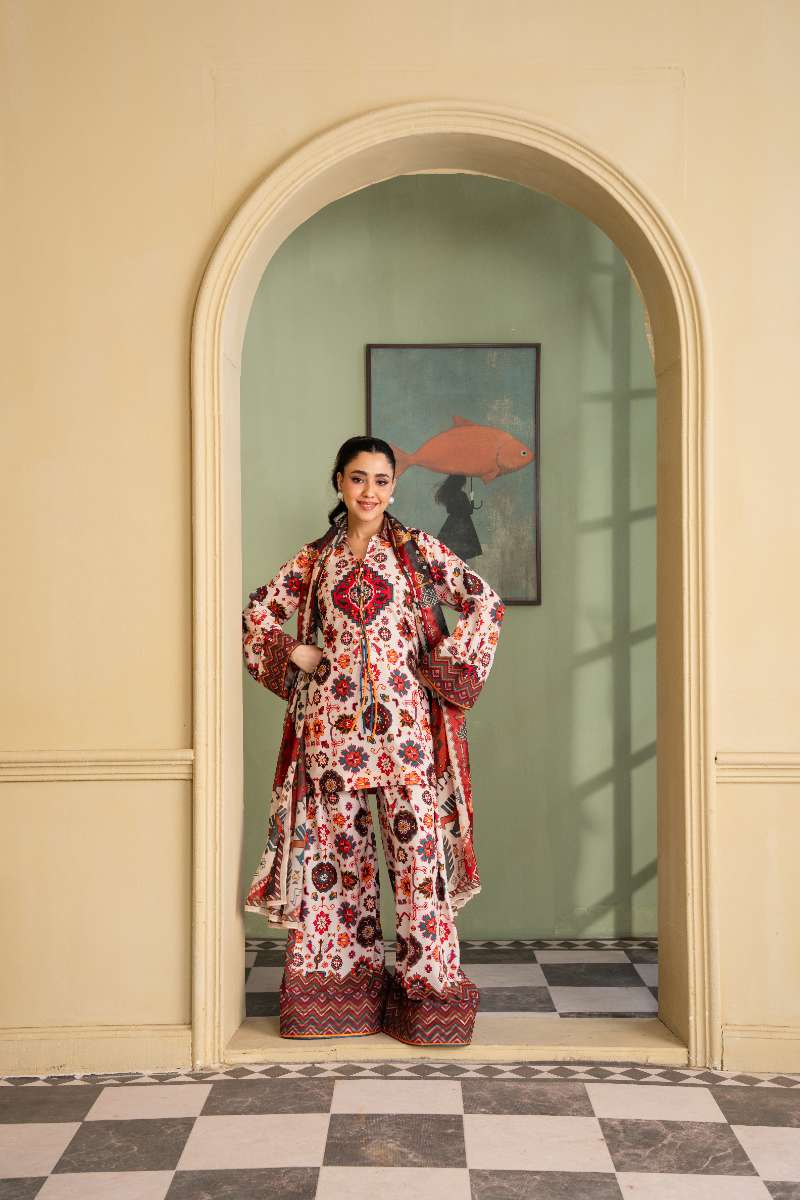 Maria Osama Khan - Georgette & Tissue Silk Daisy Suit For Women - offwhite - 3 Piece