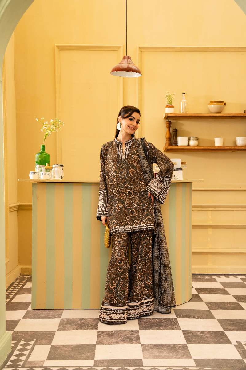 Maria Osama Khan - Georgette & Tissue Silk Solene Suit For Women - olive green - 3 Piece