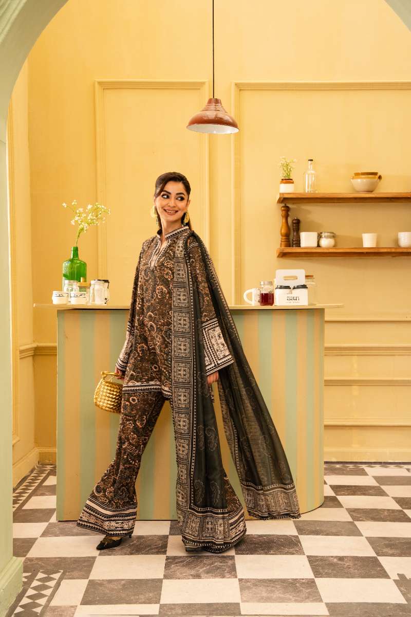 Maria Osama Khan - Georgette & Tissue Silk Solene Suit For Women - olive green - 3 Piece