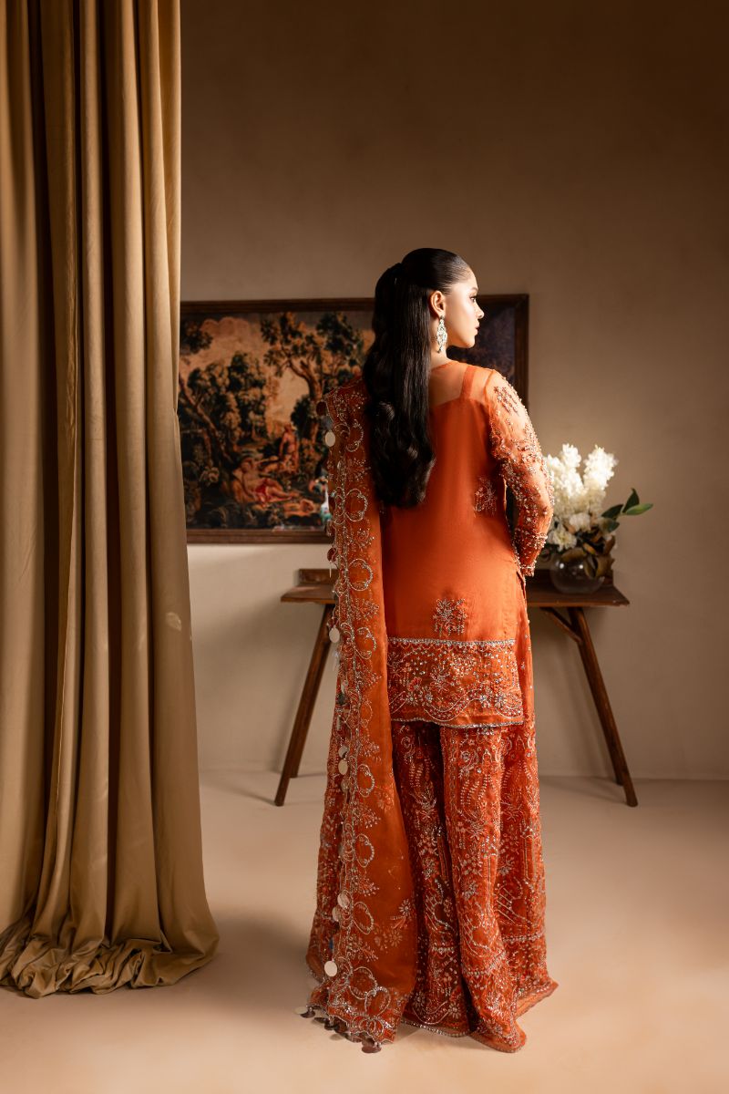 Maria Osama Khan - Gulnaar - SHIRT & SHARARA - ORANGE - ORGANZA & PK RAWSILK - 3 Piece