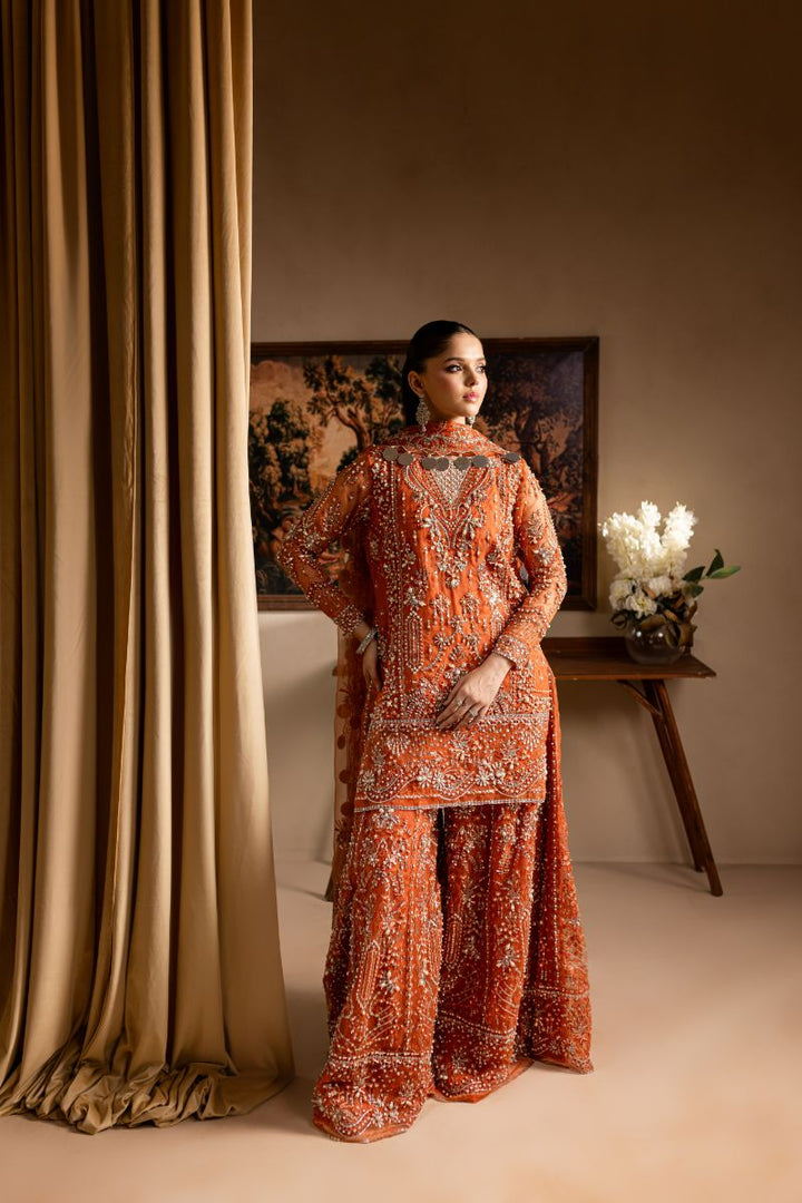 Maria Osama Khan - Gulnaar - SHIRT & SHARARA - ORANGE - ORGANZA & PK RAWSILK - 3 Piece