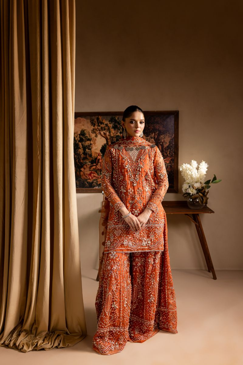Maria Osama Khan - Gulnaar - SHIRT & SHARARA - ORANGE - ORGANZA & PK RAWSILK - 3 Piece