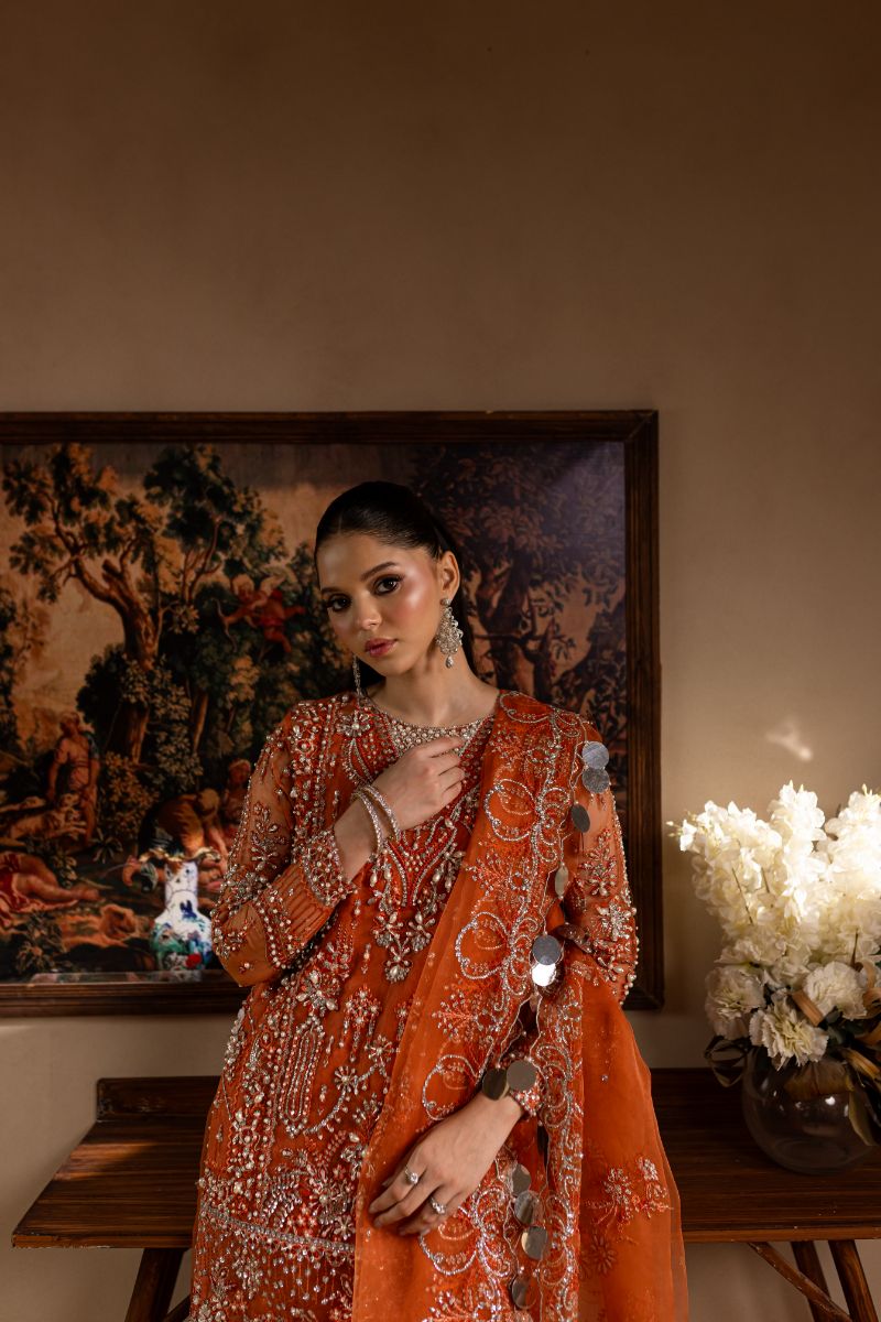 Maria Osama Khan - Gulnaar - SHIRT & SHARARA - ORANGE - ORGANZA & PK RAWSILK - 3 Piece