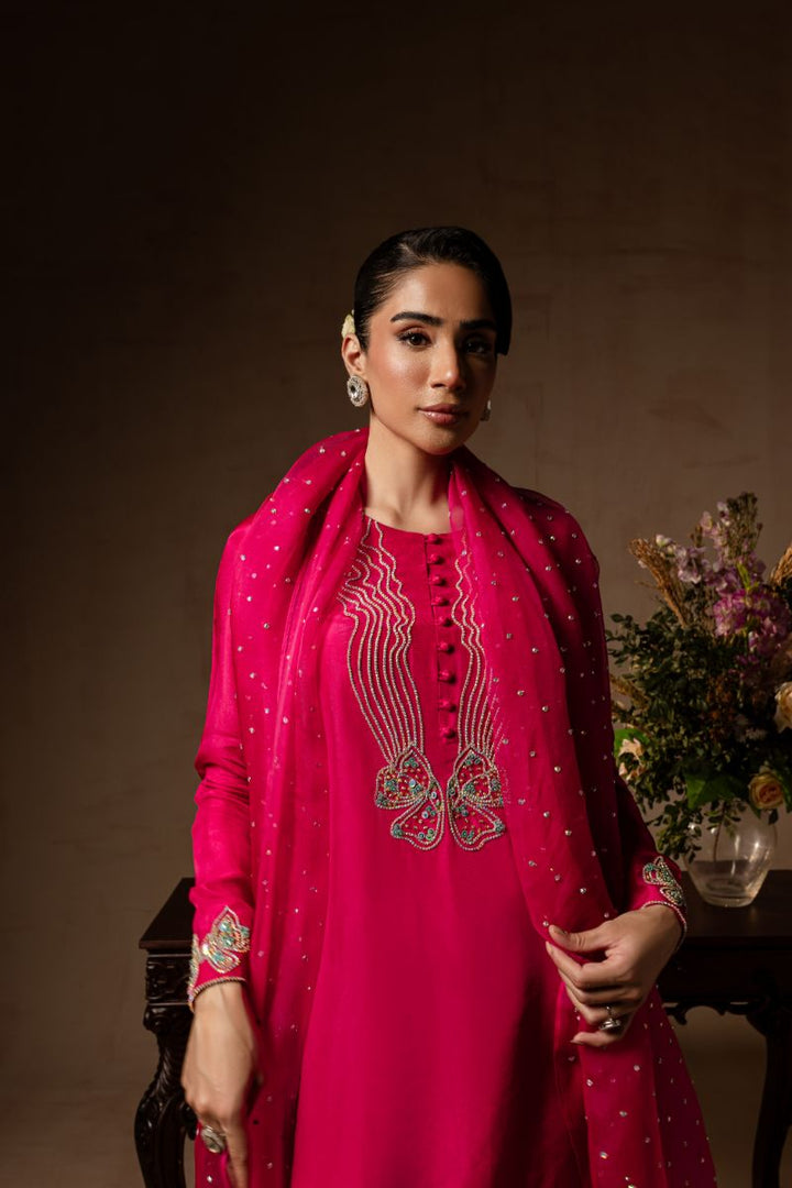 Maria Osama Khan - Peony  - FUSHIA PINK - RAWSILK & Organza - 3 Piece