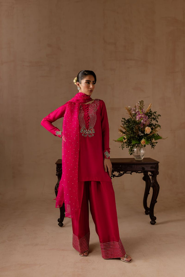 Maria Osama Khan - Peony  - FUSHIA PINK - RAWSILK & Organza - 3 Piece