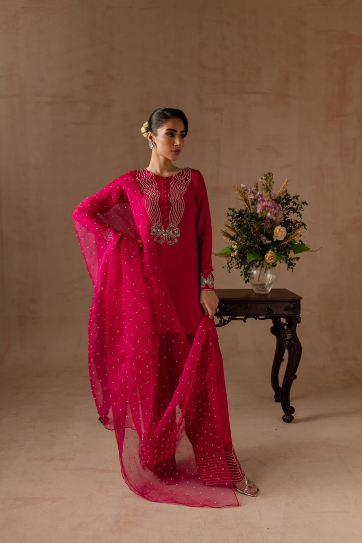 Maria Osama Khan - Peony  - FUSHIA PINK - RAWSILK & Organza - 3 Piece