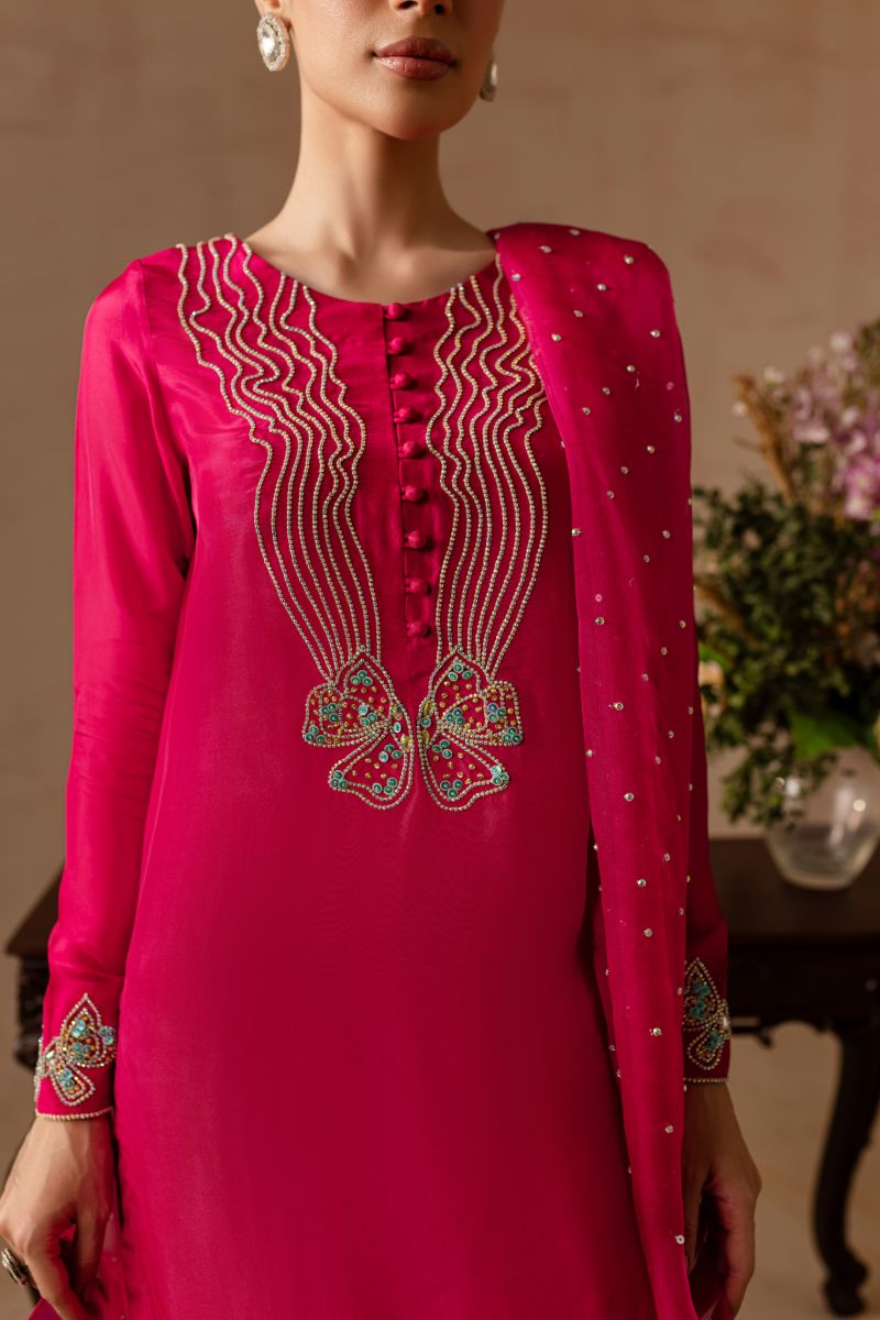Maria Osama Khan - Peony  - FUSHIA PINK - RAWSILK & Organza - 3 Piece