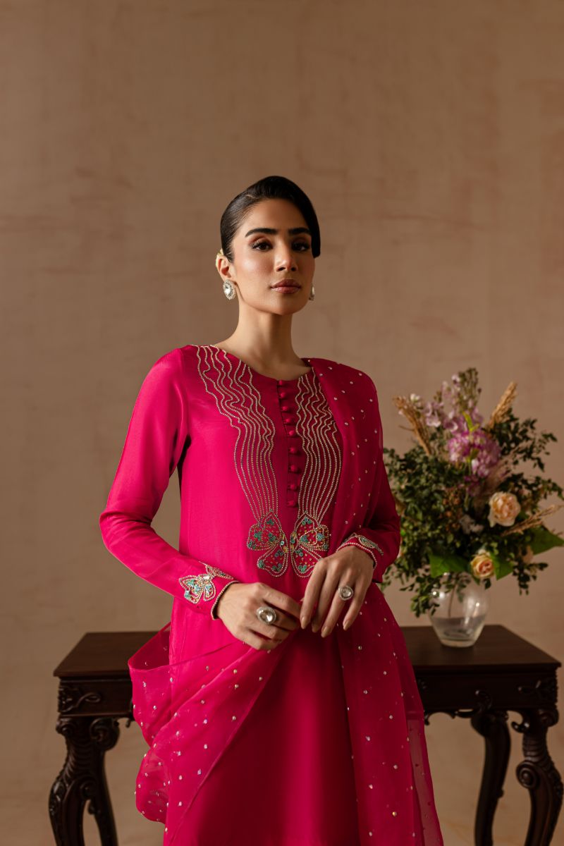 Maria Osama Khan - Peony  - FUSHIA PINK - RAWSILK & Organza - 3 Piece