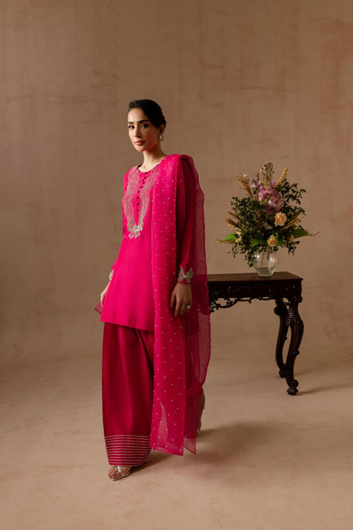 Maria Osama Khan - Peony  - FUSHIA PINK - RAWSILK & Organza - 3 Piece
