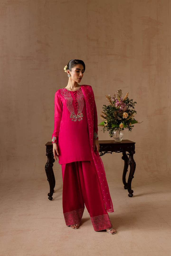 Maria Osama Khan - Peony  - FUSHIA PINK - RAWSILK & Organza - 3 Piece