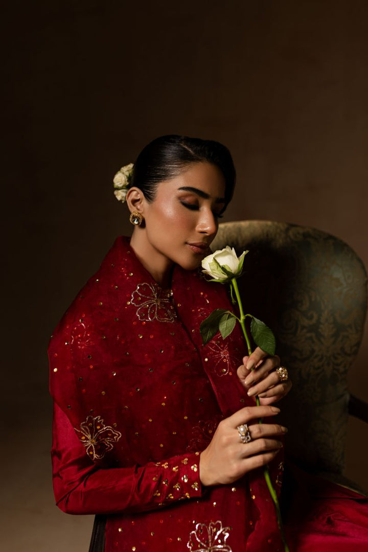 Maria Osama Khan - Ruby  - RED - RAWSILK & Organza - 3 Piece