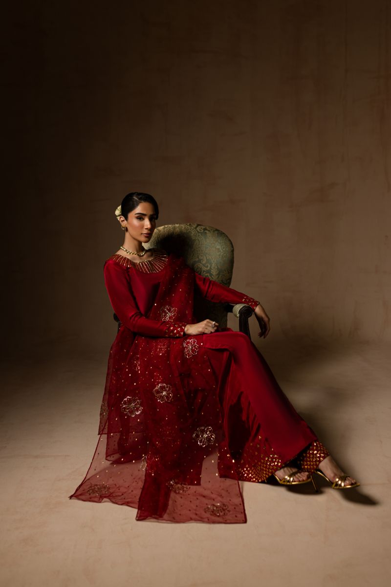 Maria Osama Khan - Ruby  - RED - RAWSILK & Organza - 3 Piece