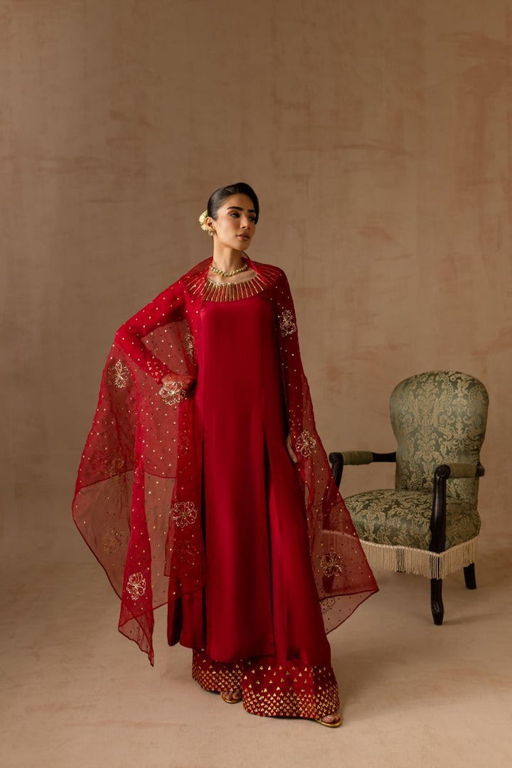 Maria Osama Khan - Ruby  - RED - RAWSILK & Organza - 3 Piece