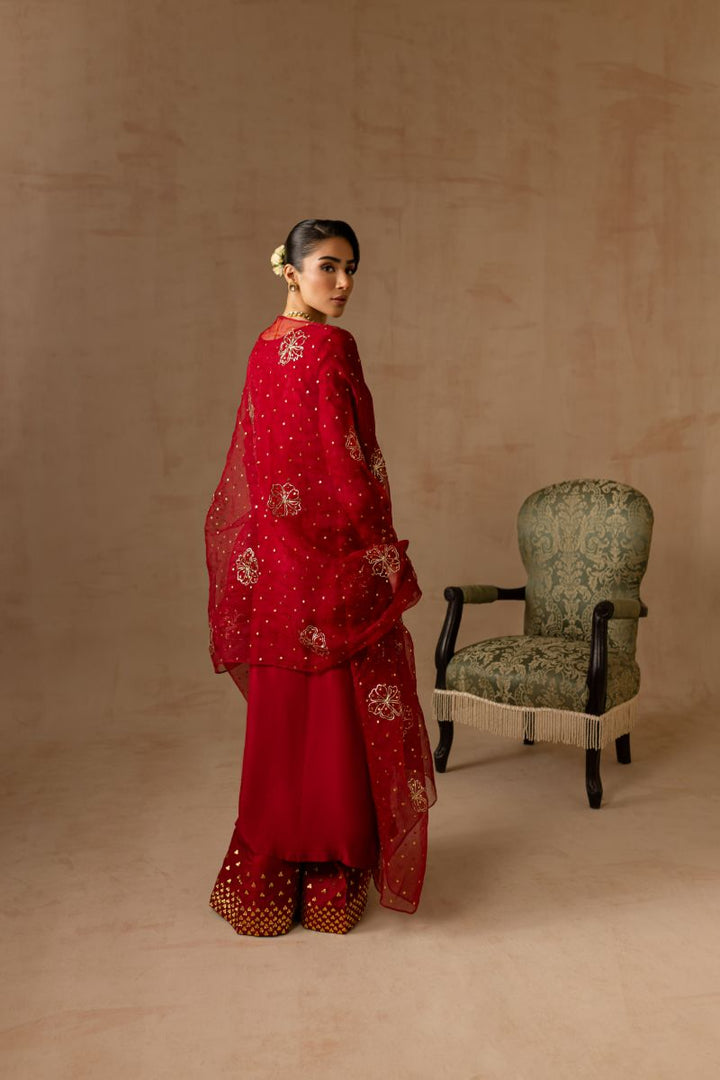 Maria Osama Khan - Ruby  - RED - RAWSILK & Organza - 3 Piece