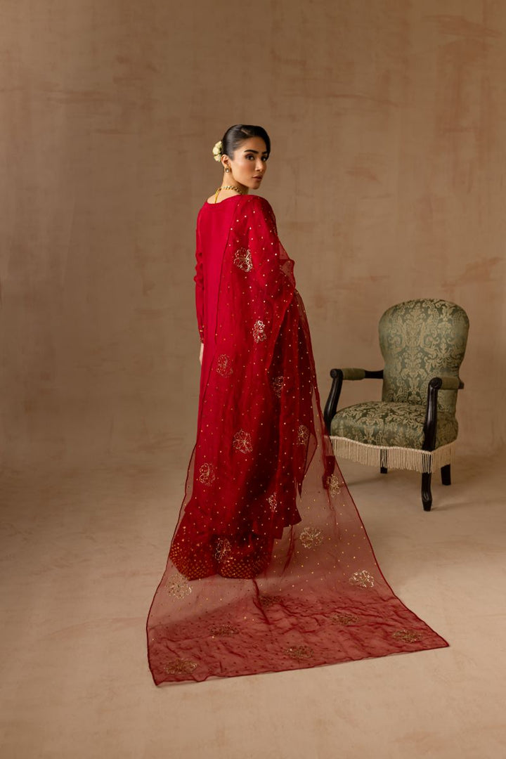 Maria Osama Khan - Ruby  - RED - RAWSILK & Organza - 3 Piece