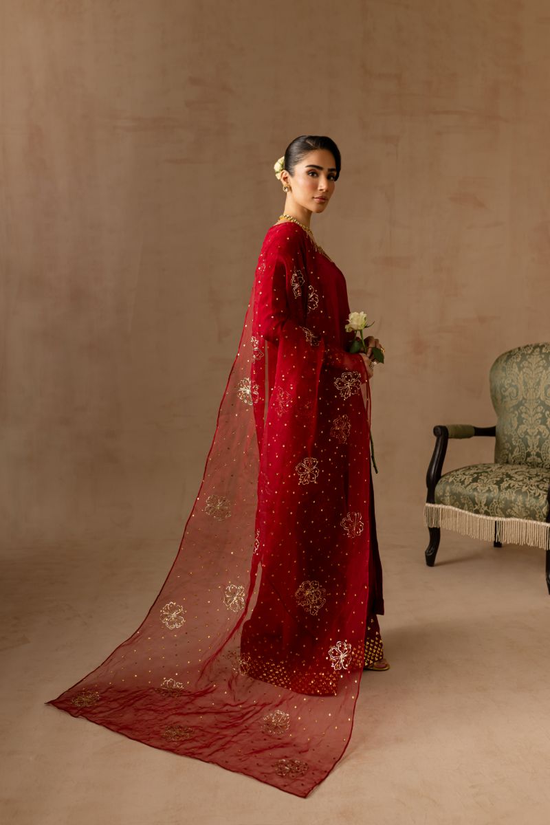 Maria Osama Khan - Ruby  - RED - RAWSILK & Organza - 3 Piece
