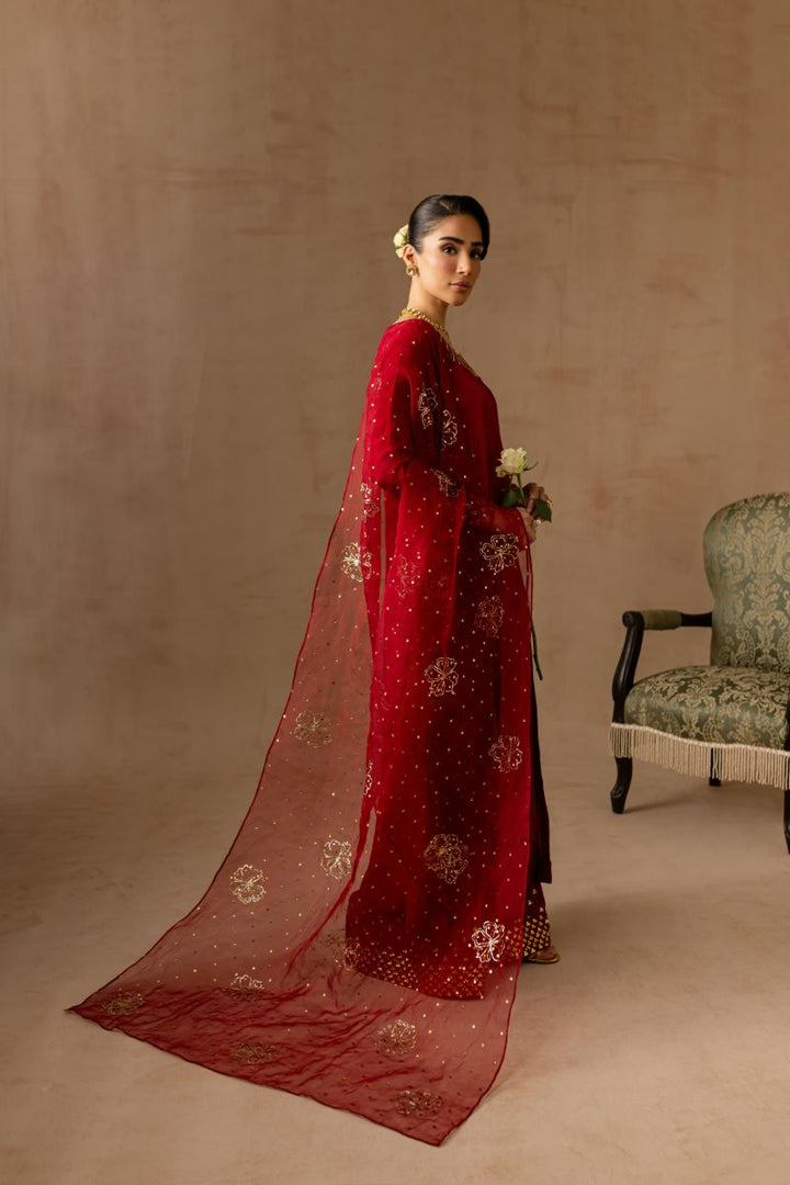 Maria Osama Khan - Ruby  - RED - RAWSILK & Organza - 3 Piece