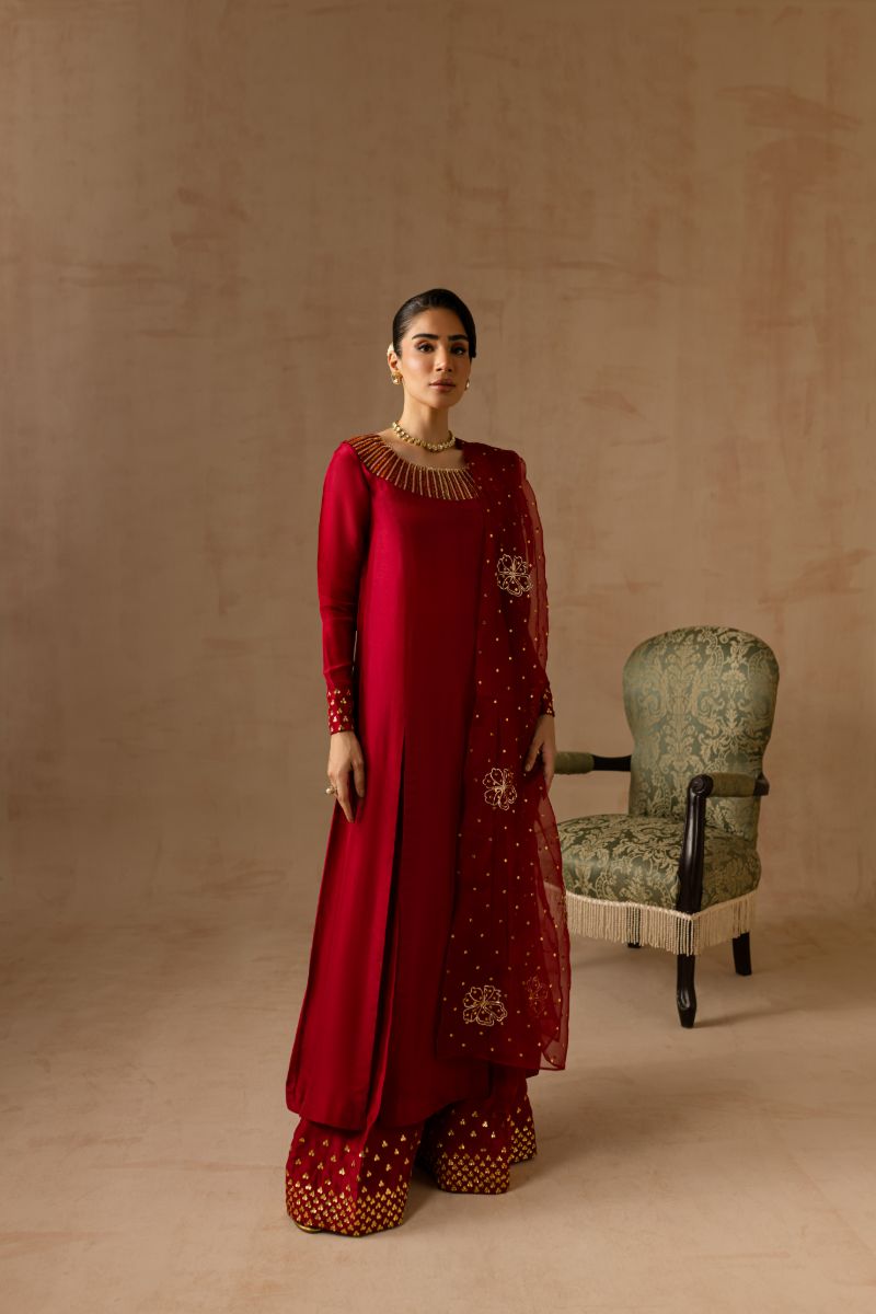 Maria Osama Khan - Ruby  - RED - RAWSILK & Organza - 3 Piece