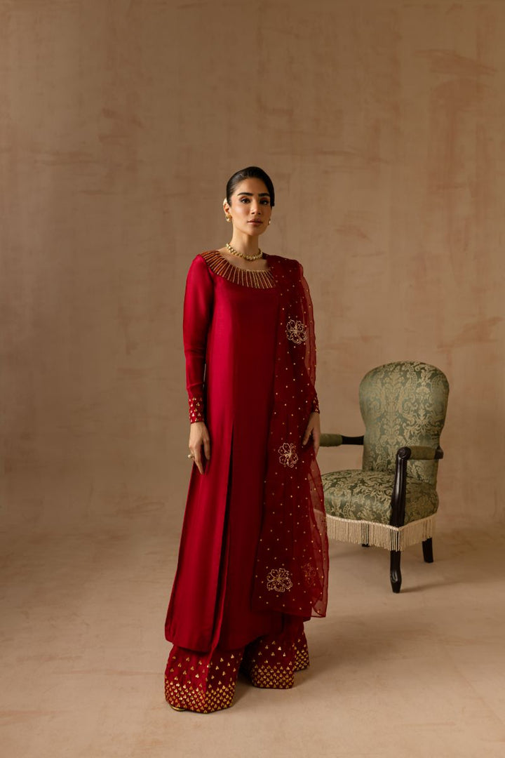 Maria Osama Khan - Ruby  - RED - RAWSILK & Organza - 3 Piece