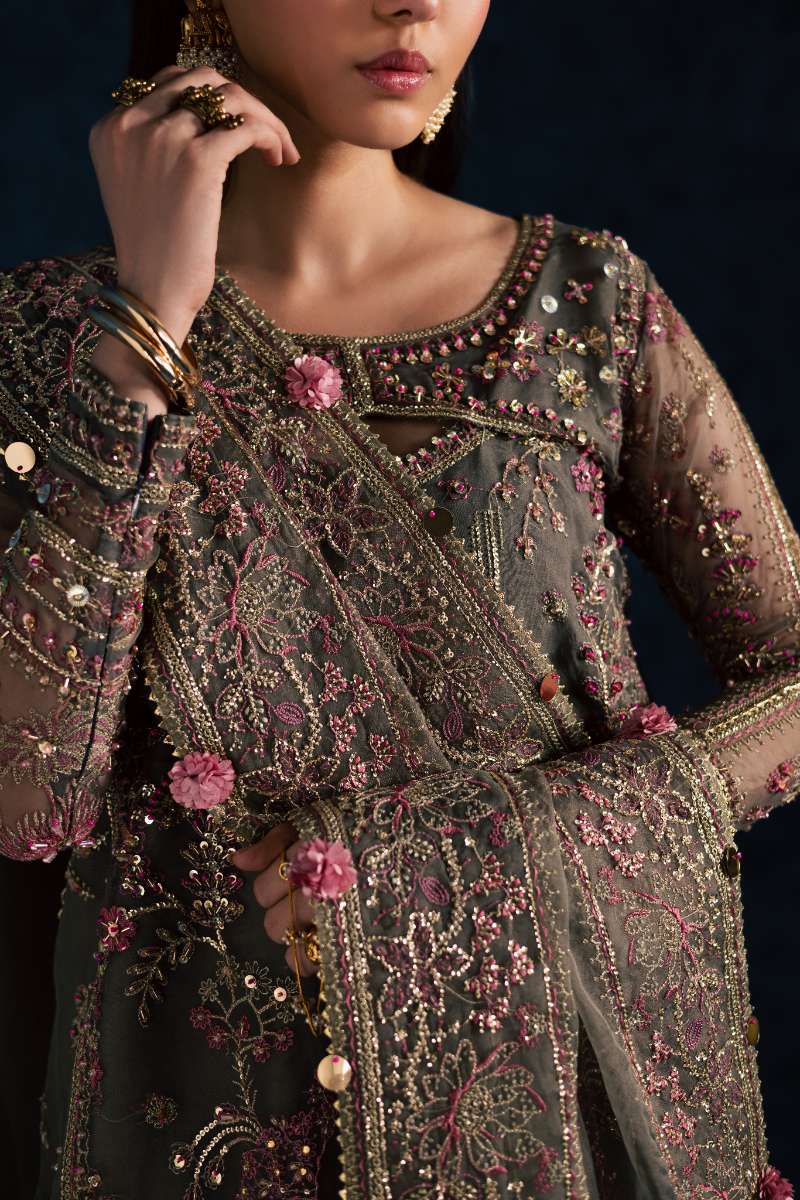 Maria Osama Khan - Sahar Grey Organza / Raw Silk Suit For Women - 3 Piece