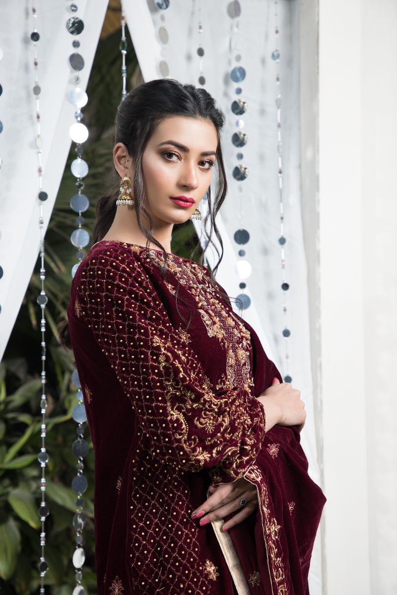 Laleen - Maroon Fantasy Velvet Suit For Women - Maroon - 3 Piece