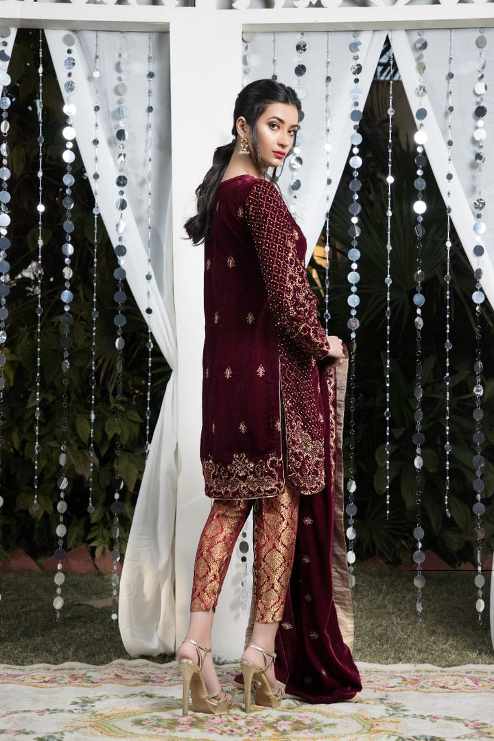 Laleen - Maroon Fantasy Velvet Suit For Women - Maroon - 3 Piece