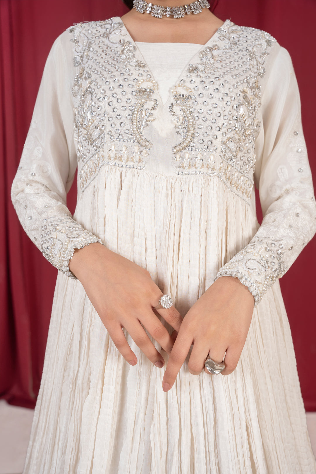 Laleen - Mehar Raw Silk Frock For Women - Ivory - 3 Piece