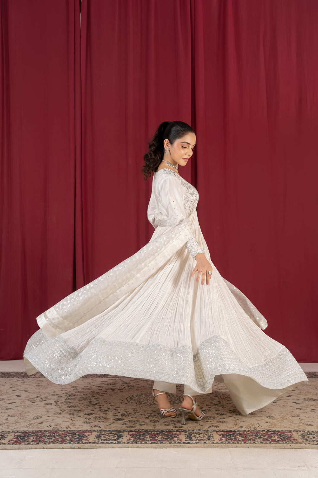 Laleen - Mehar Raw Silk Frock For Women - Ivory - 3 Piece