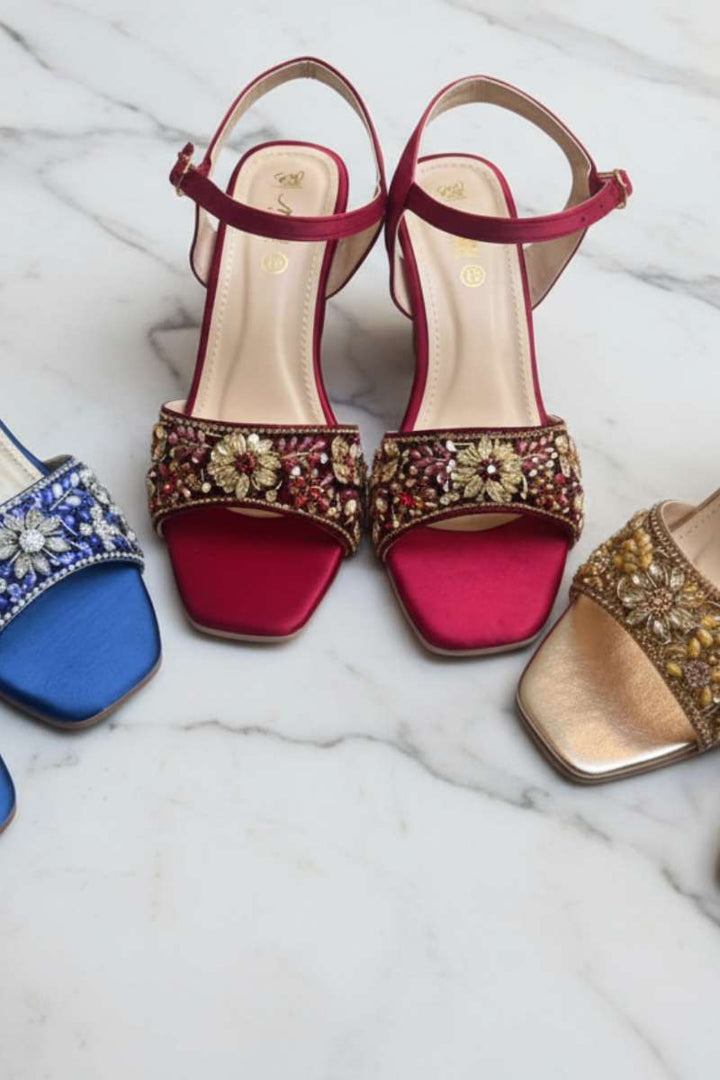 Milli Shoes - Hand Embroidered Block Heels Sandals For Women - Maroon