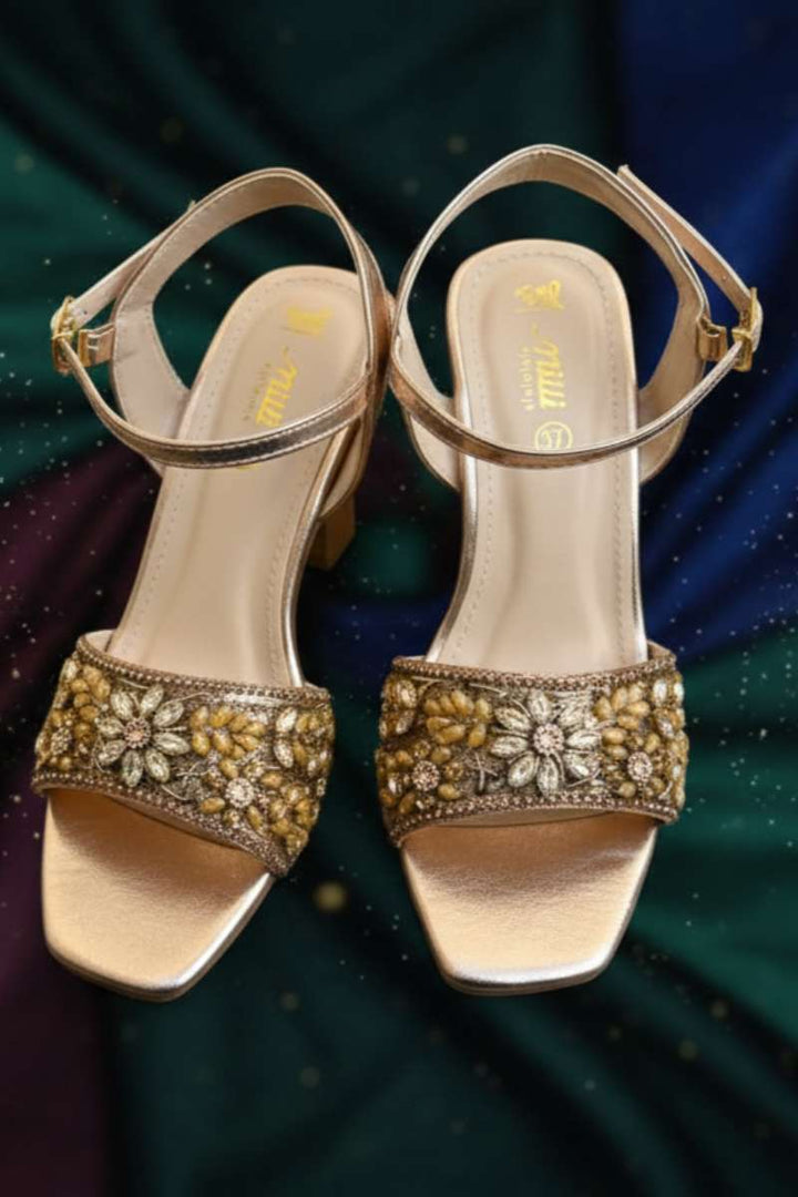 Milli Shoes - Hand Embroidered Block Heels Sandals For Women - Rose Gold