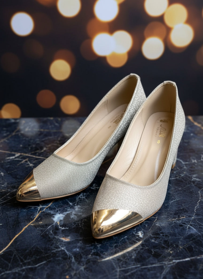 Milli Shoes - High Heel Court Shoes White Gold Block Heels For Women