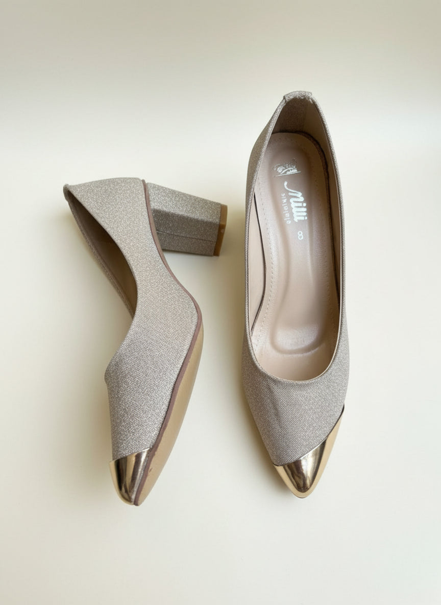 Milli Shoes - High Heel Court Shoes White Gold Block Heels For Women