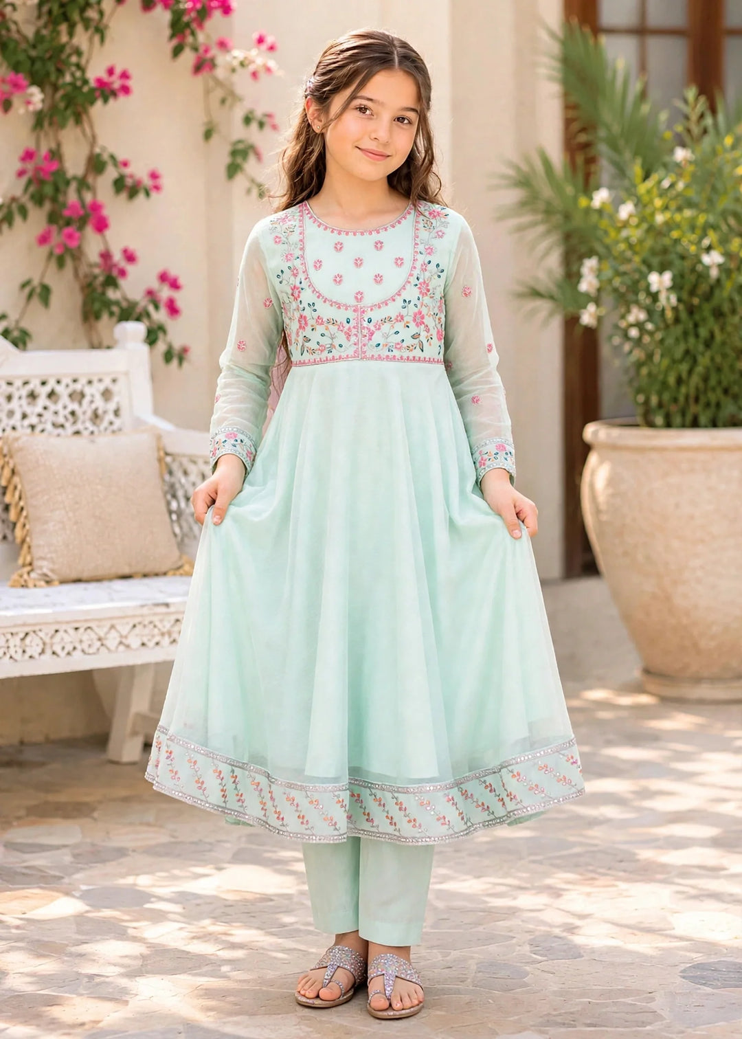 Modest 3 Piece Blue Embroidered Crinkle Suit