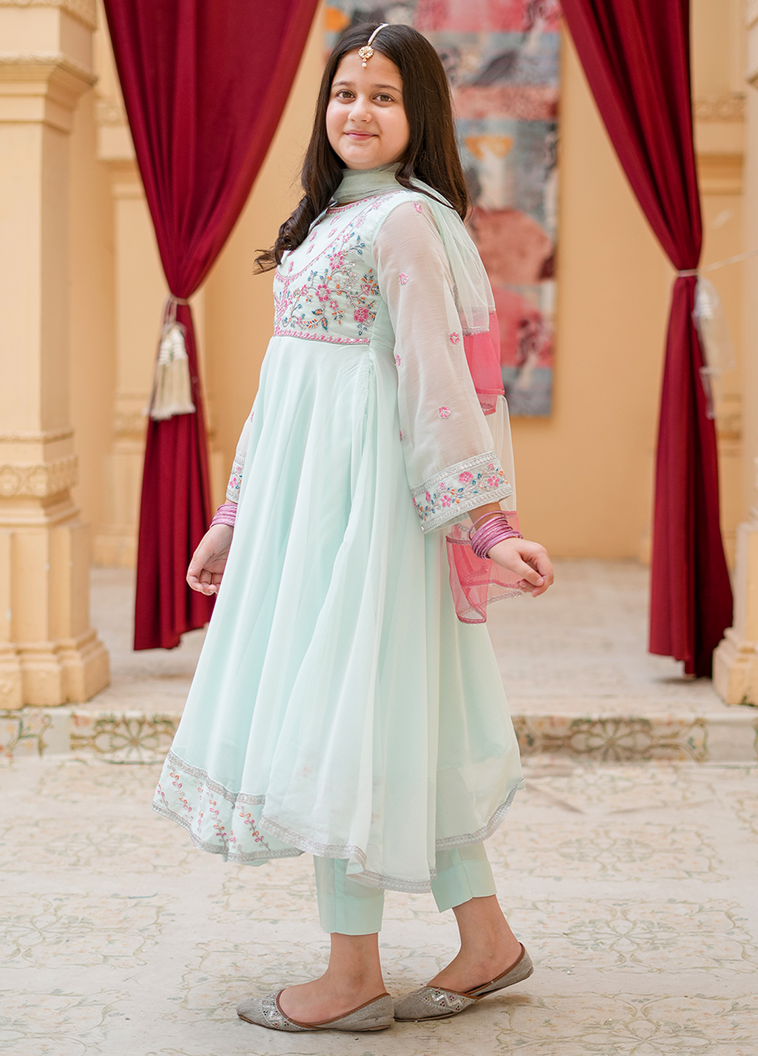 Modest 3 Piece Blue Embroidered Crinkle Suit