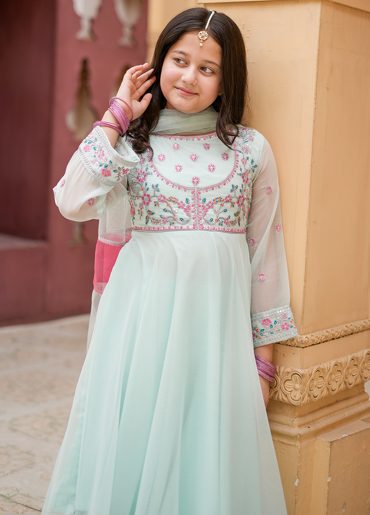 Modest 3 Piece Blue Embroidered Crinkle Suit