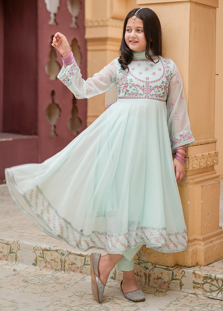 Modest 3 Piece Blue Embroidered Crinkle Suit