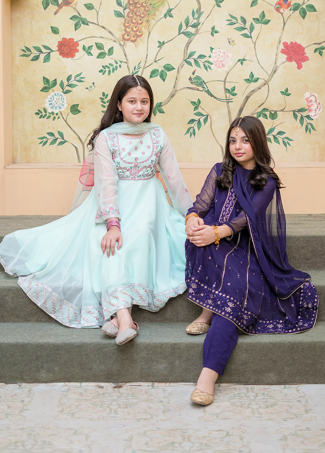 Modest 3 Piece Blue Embroidered Crinkle Suit