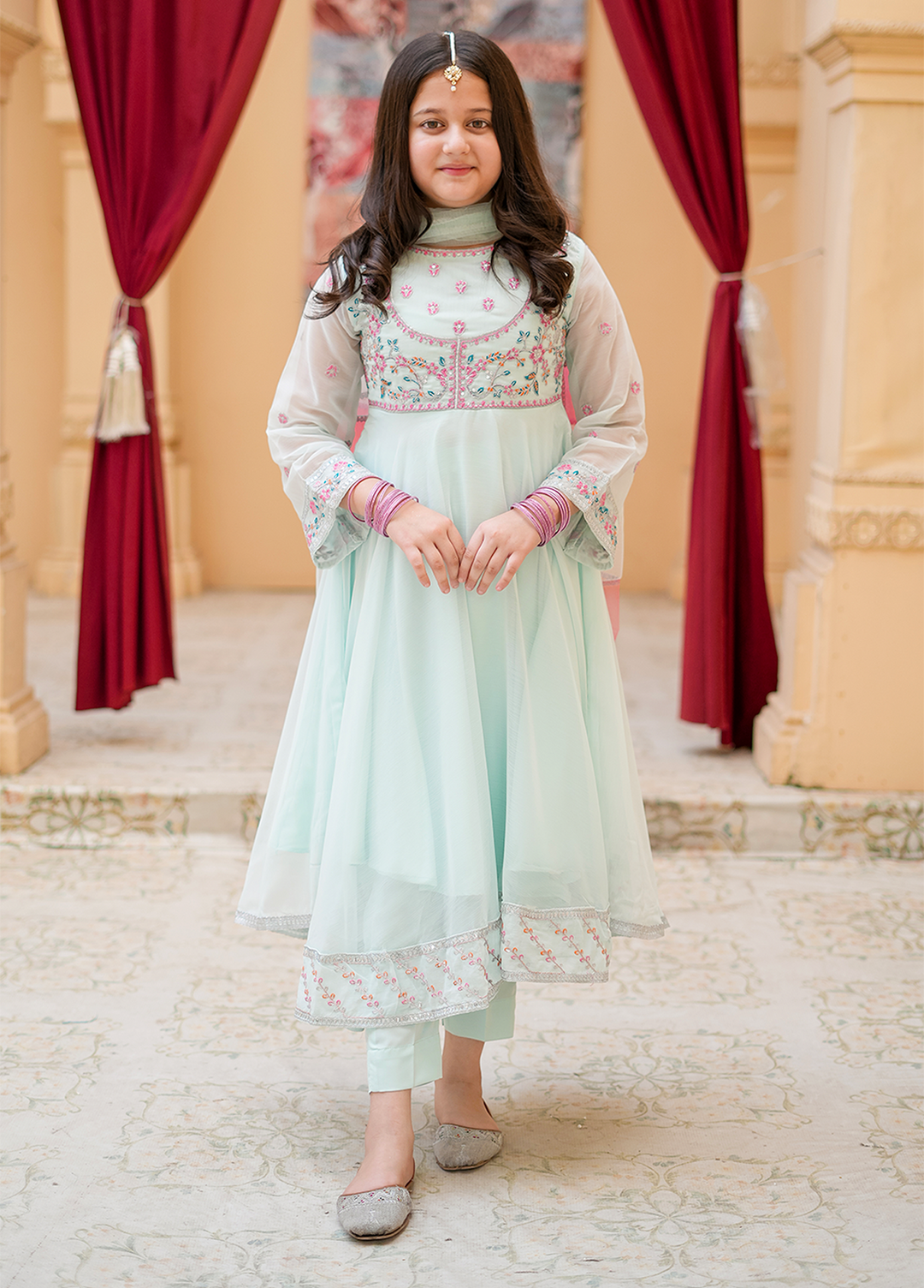 Modest 3 Piece Blue Embroidered Crinkle Suit