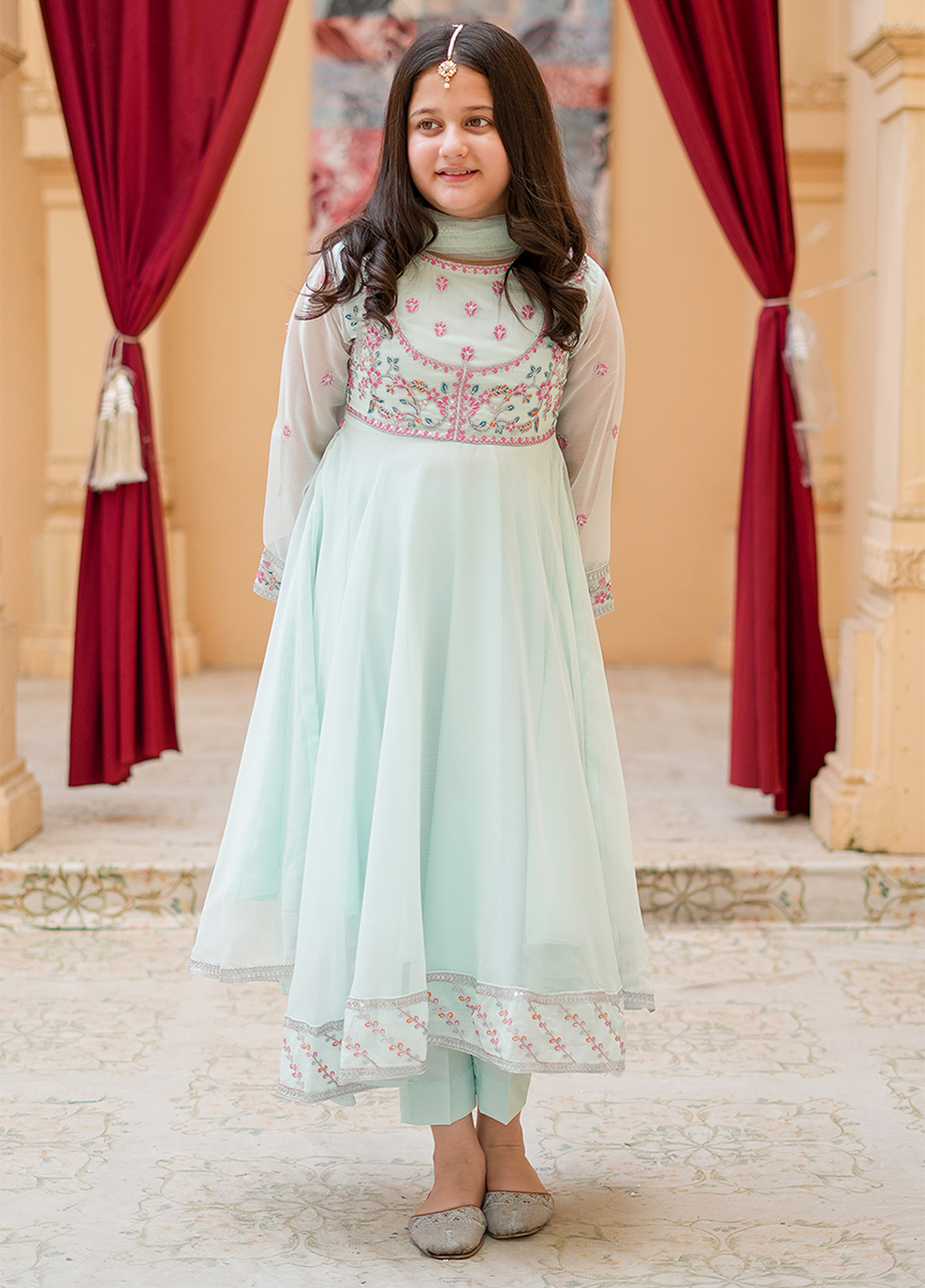 Modest 3 Piece Blue Embroidered Crinkle Suit