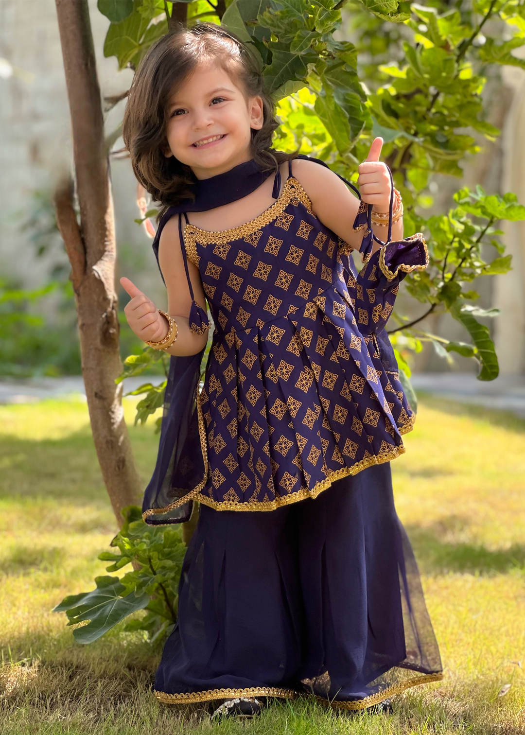 Modest 3 Piece Printed Rawsilk Blue Gharara