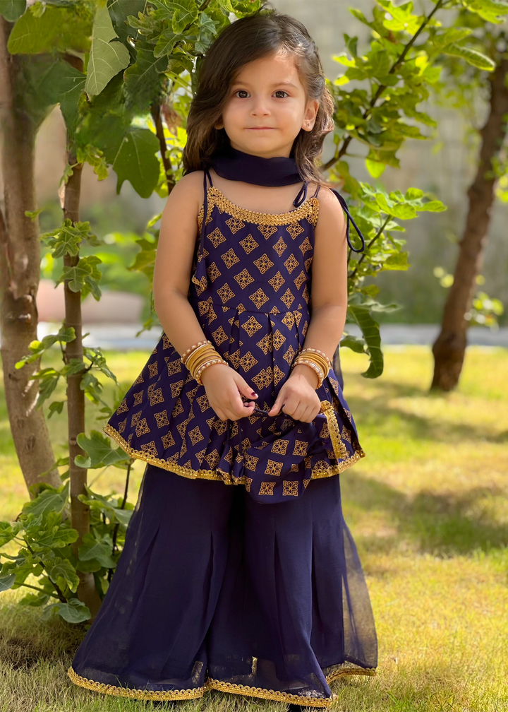 Modest 3 Piece Printed Rawsilk Blue Gharara