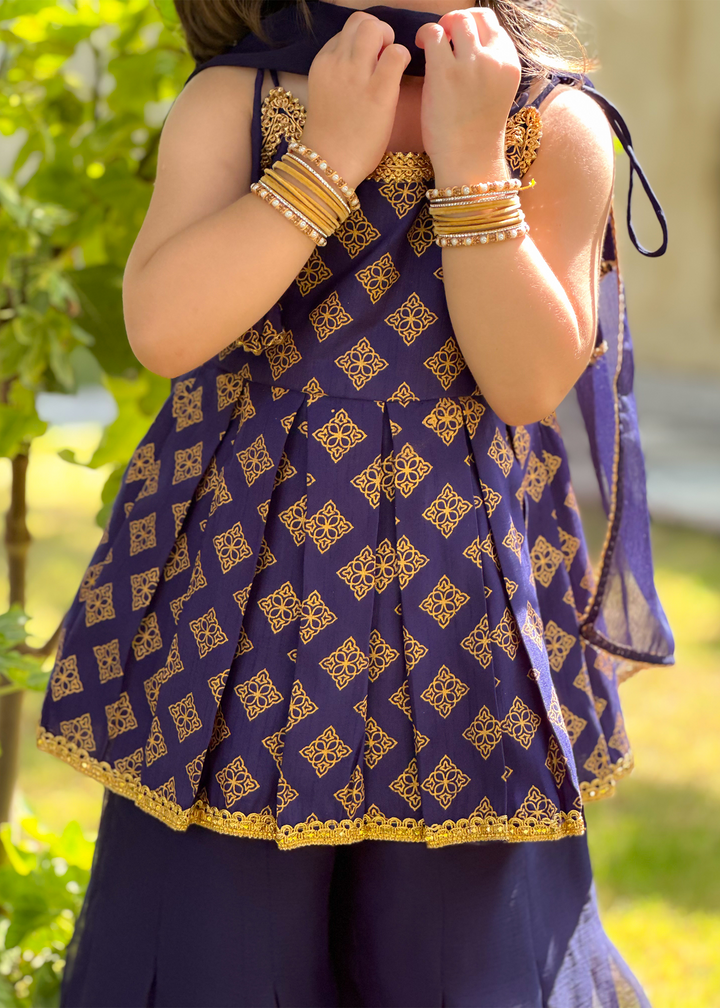 Modest 3 Piece Printed Rawsilk Blue Gharara
