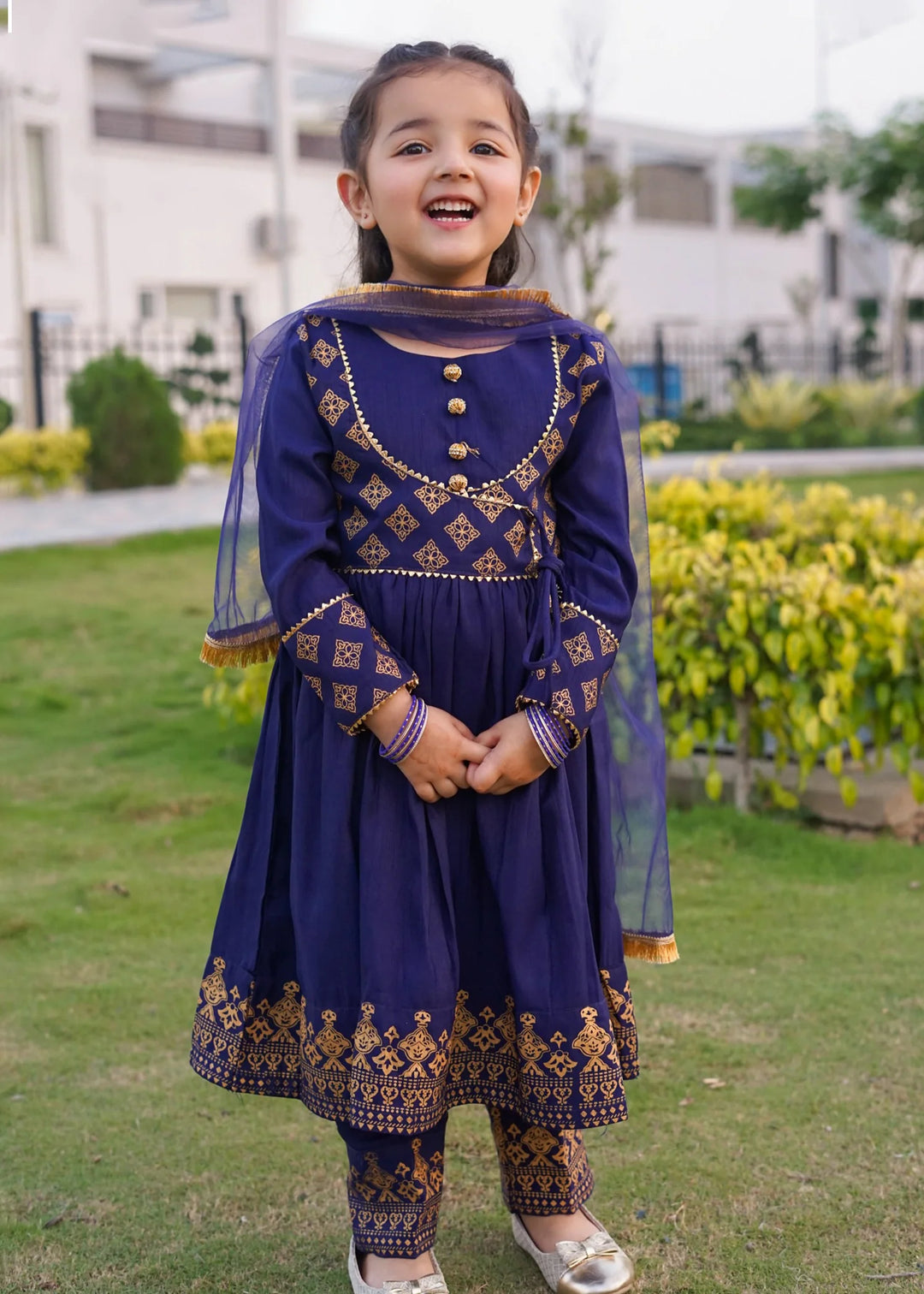 Modest 3 Piece Printed Rawsilk Frock Blue