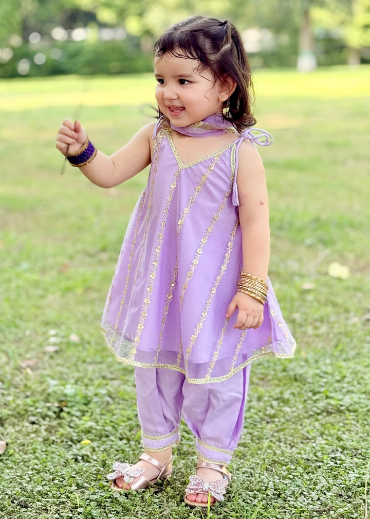 Modest 3 Piece Purple Net Embroidered Suit