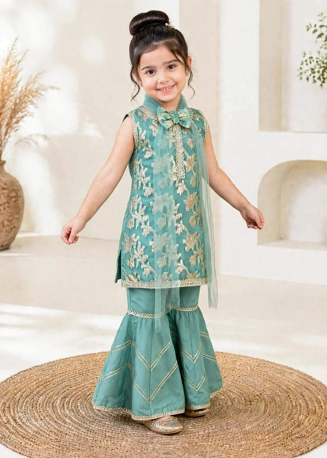 Modest 3 Piece Textured Banarasi Green Gharara