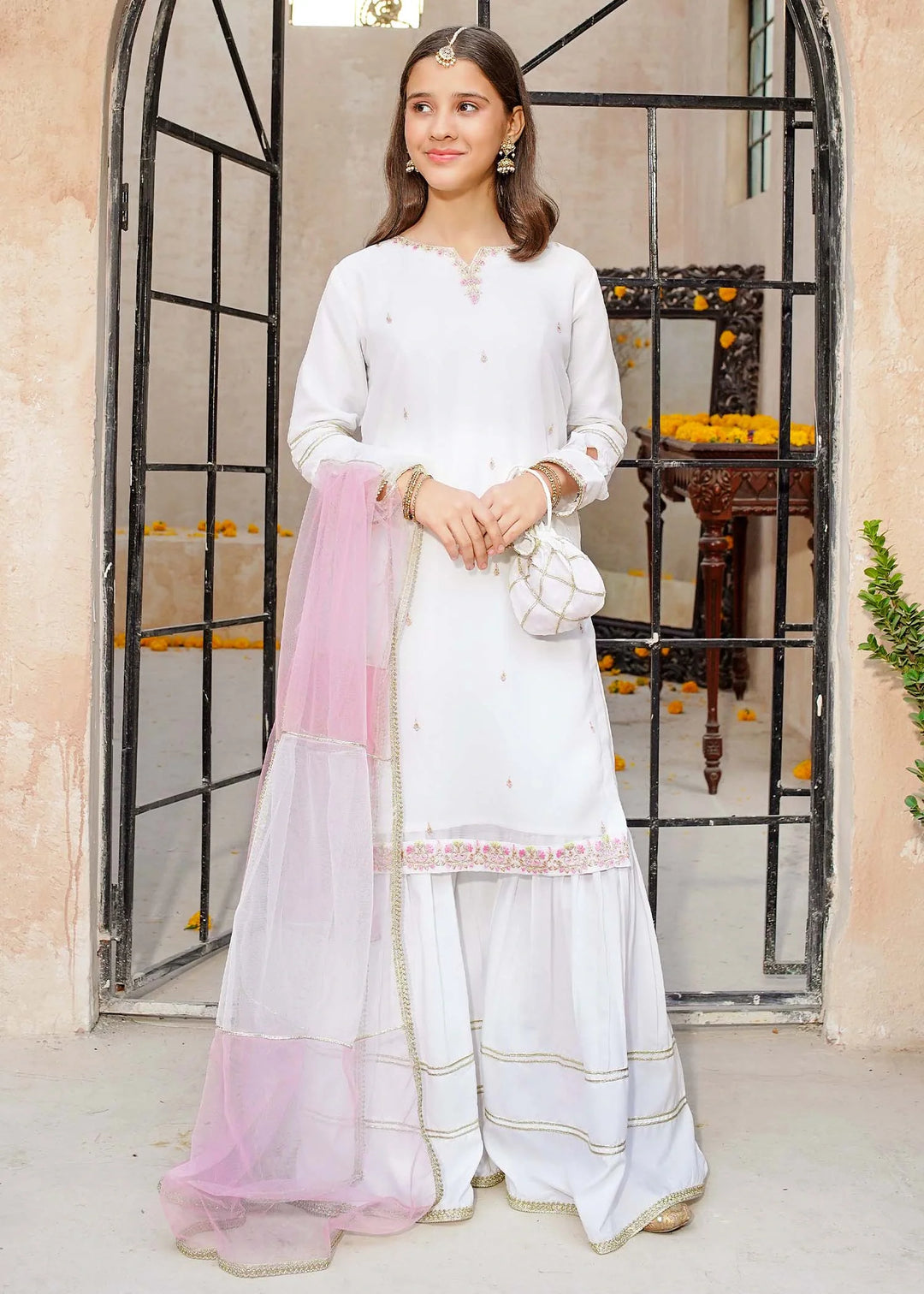 Modest - Chiffon Embroidered Gharara For Girl - White - 3 Piece
